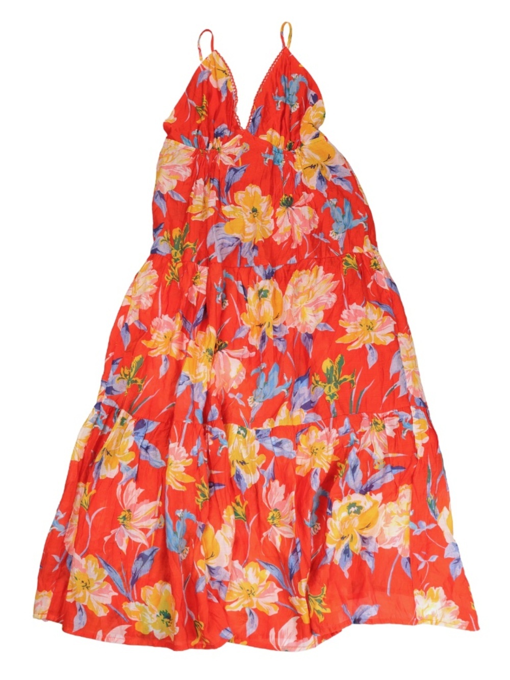 VICI Floral Tiered Maxi Dress M Orange Pink Tropical Sundress